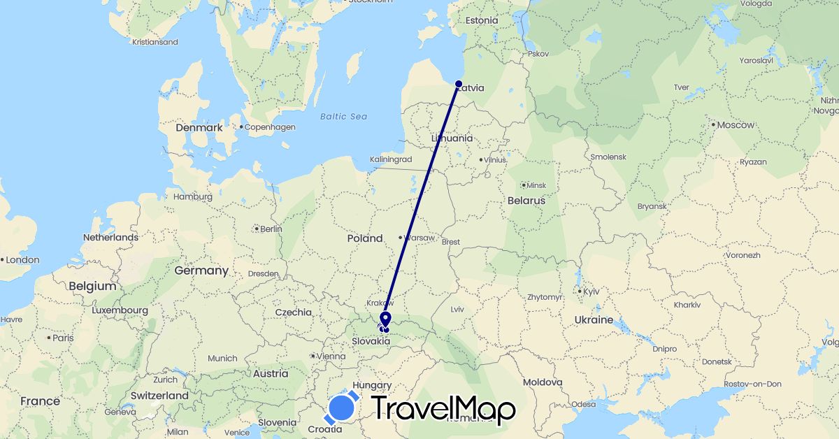 TravelMap itinerary: driving in Latvia, Poland, Slovakia (Europe)